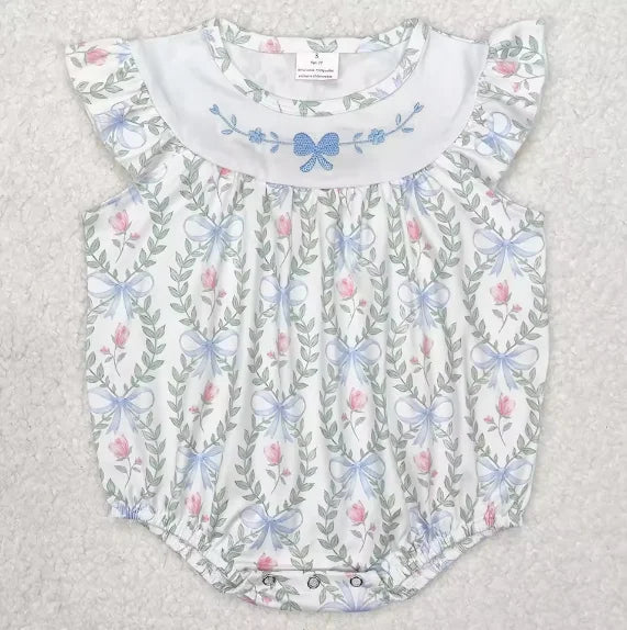 Boutique Baby Infant Girls Rompers Blue Green Flowers Flutter Sleeve Rompers Fashion Summer Toddler Baby Girls Bubble Rompers