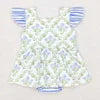 Boutique Baby Infant Girls Rompers Blue Green Flowers Flutter Sleeve Rompers Fashion Summer Toddler Baby Girls Bubble Rompers
