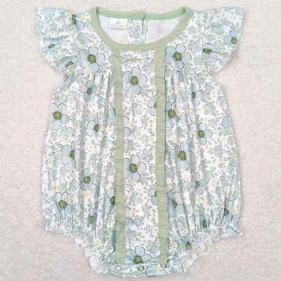 Boutique Baby Infant Girls Rompers Blue Green Flowers Flutter Sleeve Rompers Fashion Summer Toddler Baby Girls Bubble Rompers