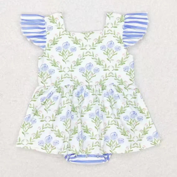Boutique Baby Infant Girls Rompers Blue Green Flowers Flutter Sleeve Rompers Fashion Summer Toddler Baby Girls Bubble Rompers