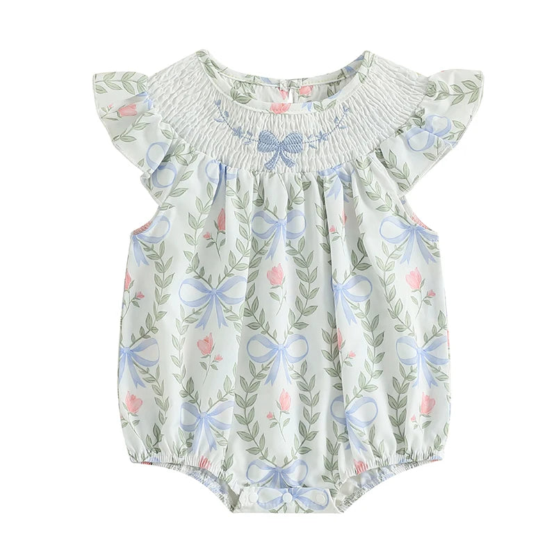 2025-03-21 Lioraitiin Baby Girls Romper Fly Sleeve Crew Neck Bow Leaves Print Infant Bodysuit Summer Clothes for Casual Daily