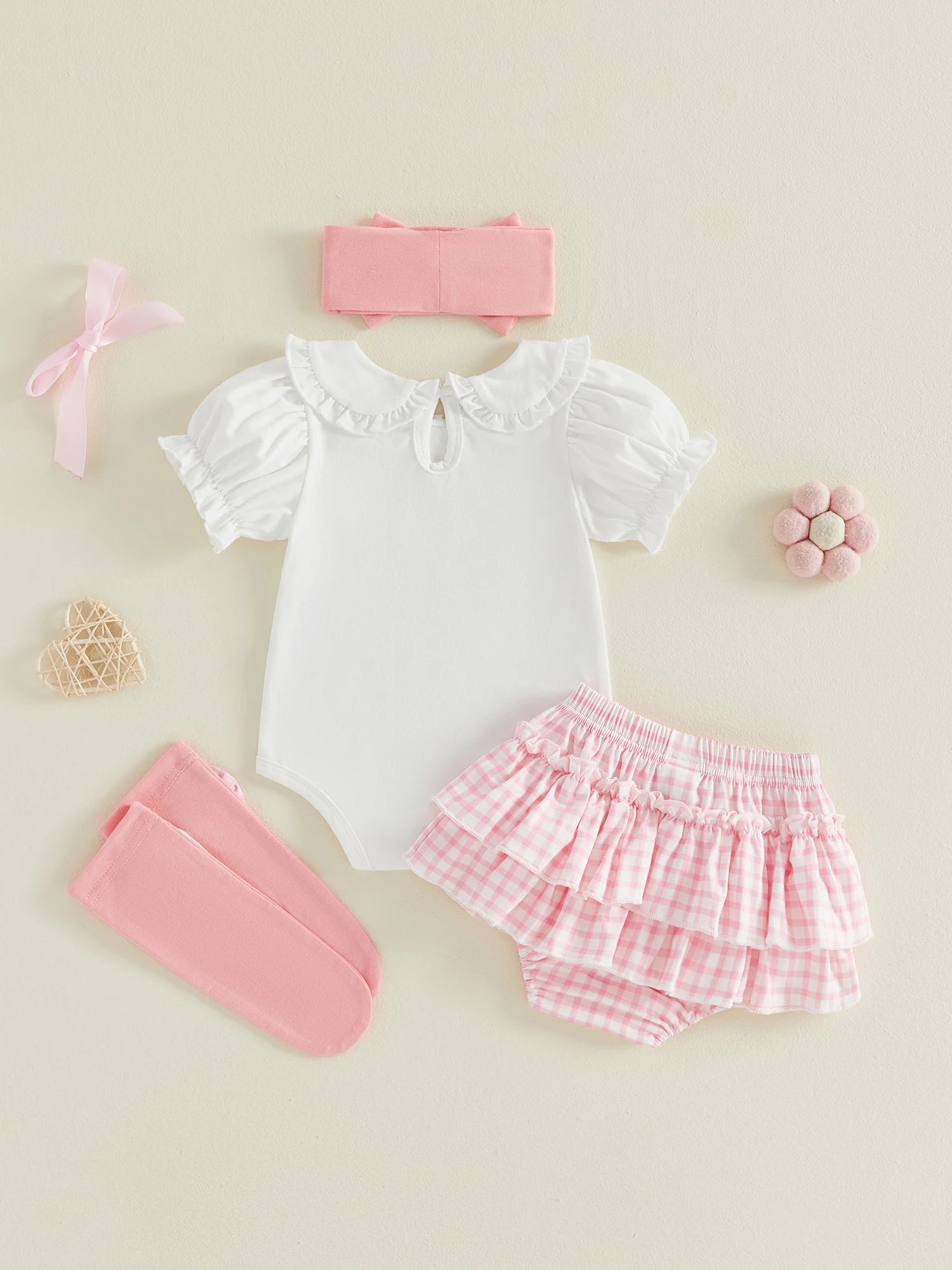Baby Girls Cute Outfits Short Sleeve Doll Collar Romper Tutu Skirt Headband Socks Infant 4 Piece Sets 2026 Summer