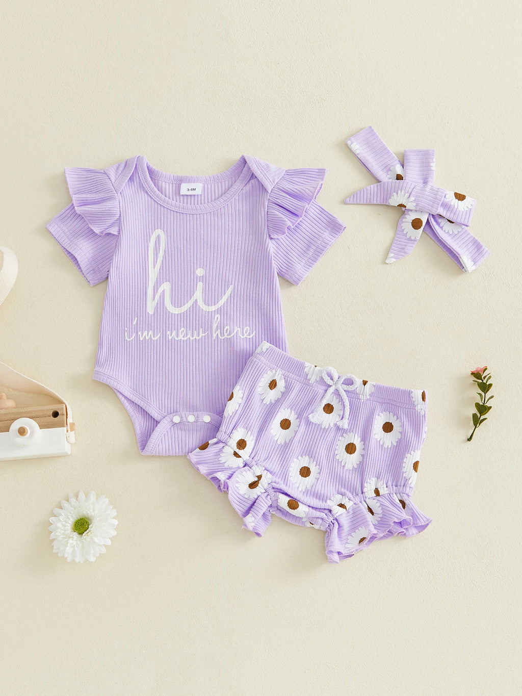 Toddler Girls Floral Print Romper Set with Ruffled Sleeves Matching Shorts and Bow Headband for Summer Outfits