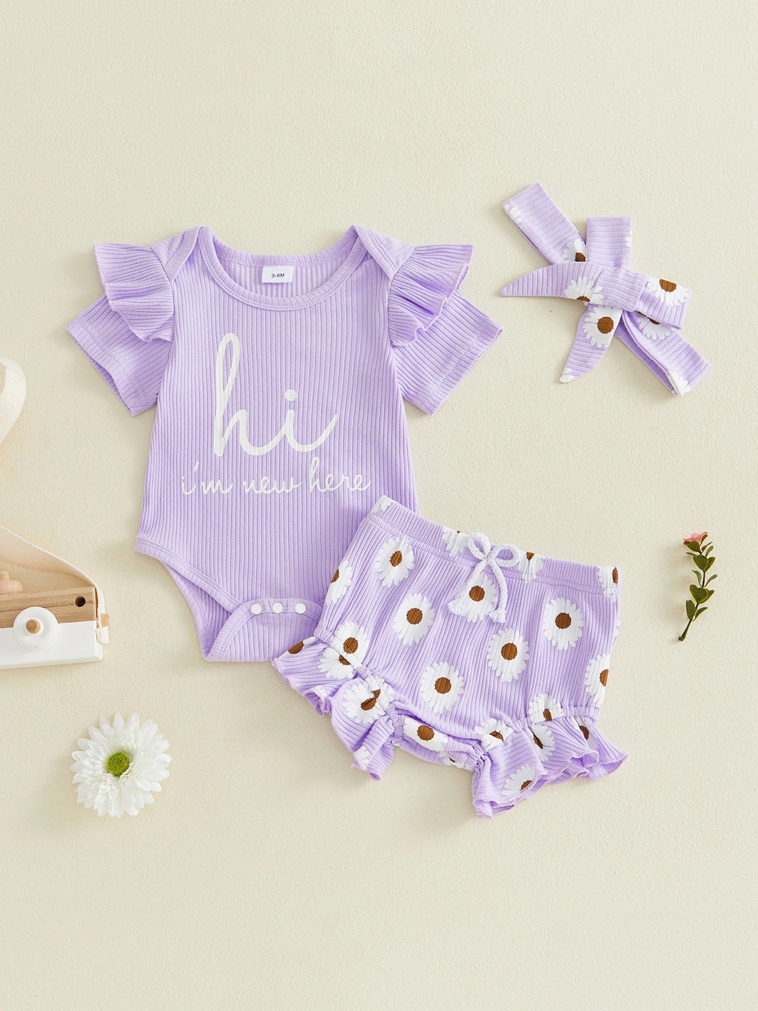 Toddler Girls Floral Print Romper Set with Ruffled Sleeves Matching Shorts and Bow Headband for Summer Outfits