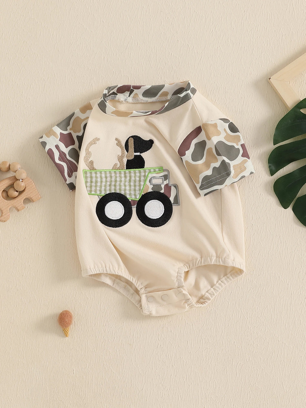 Baby Boys Girls Romper Short Sleeve Crew Neck Dog Truck Embroidery Bodysuit Newborn Playsuit