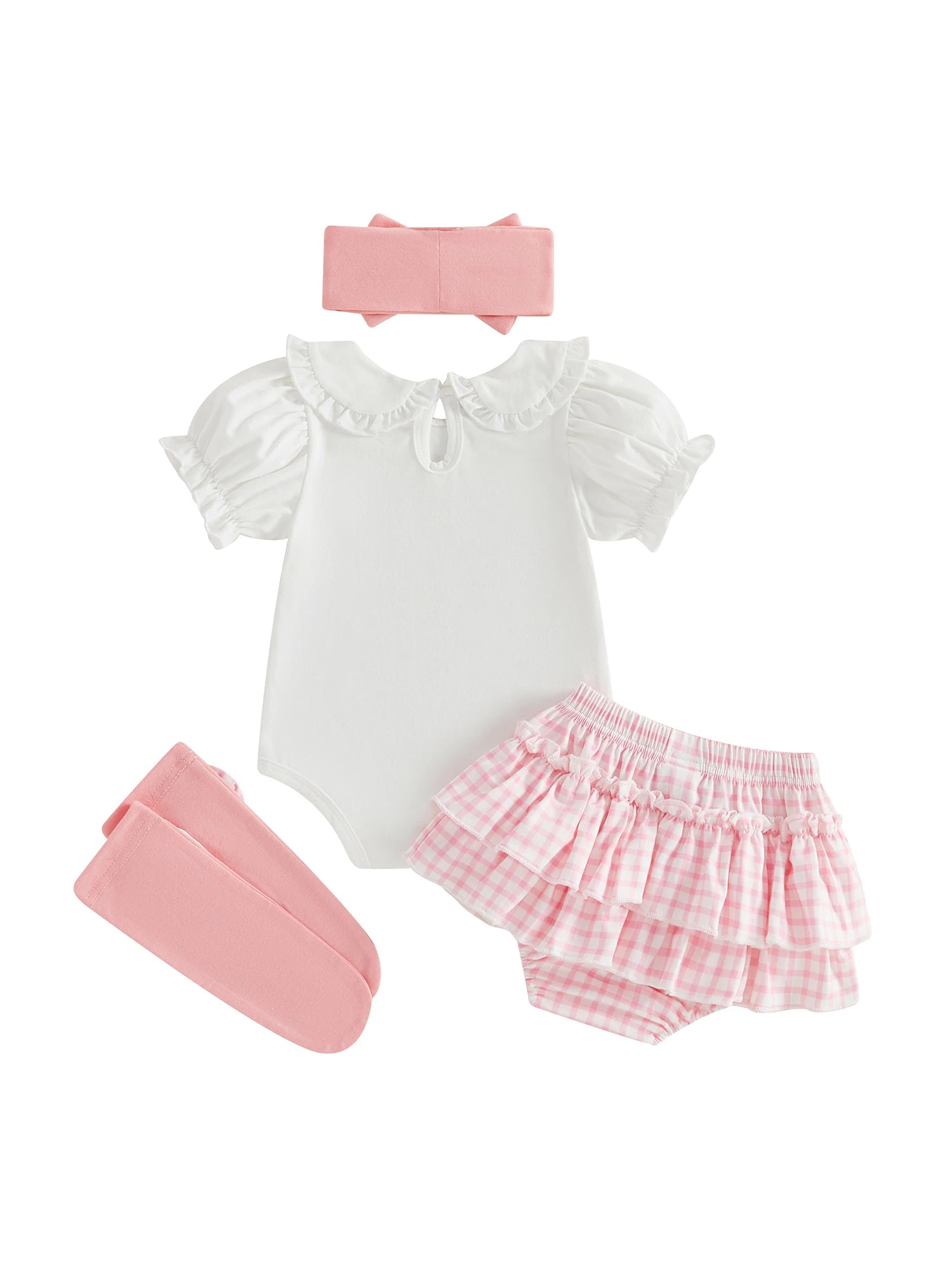Baby Girls Cute Outfits Short Sleeve Doll Collar Romper Tutu Skirt Headband Socks Infant 4 Piece Sets 2026 Summer