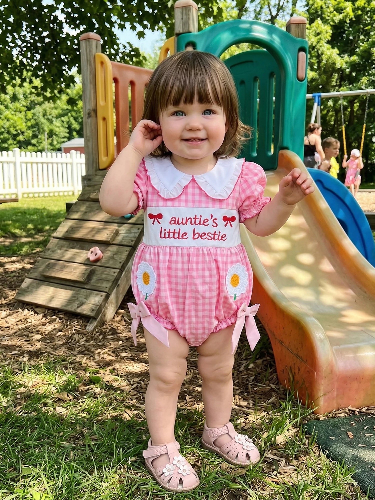 Baby Clothing Girls Short Sleeve Romper Letter Embroidery Plaid Doll Collar Bodysuit with Bow Newborn Clothes