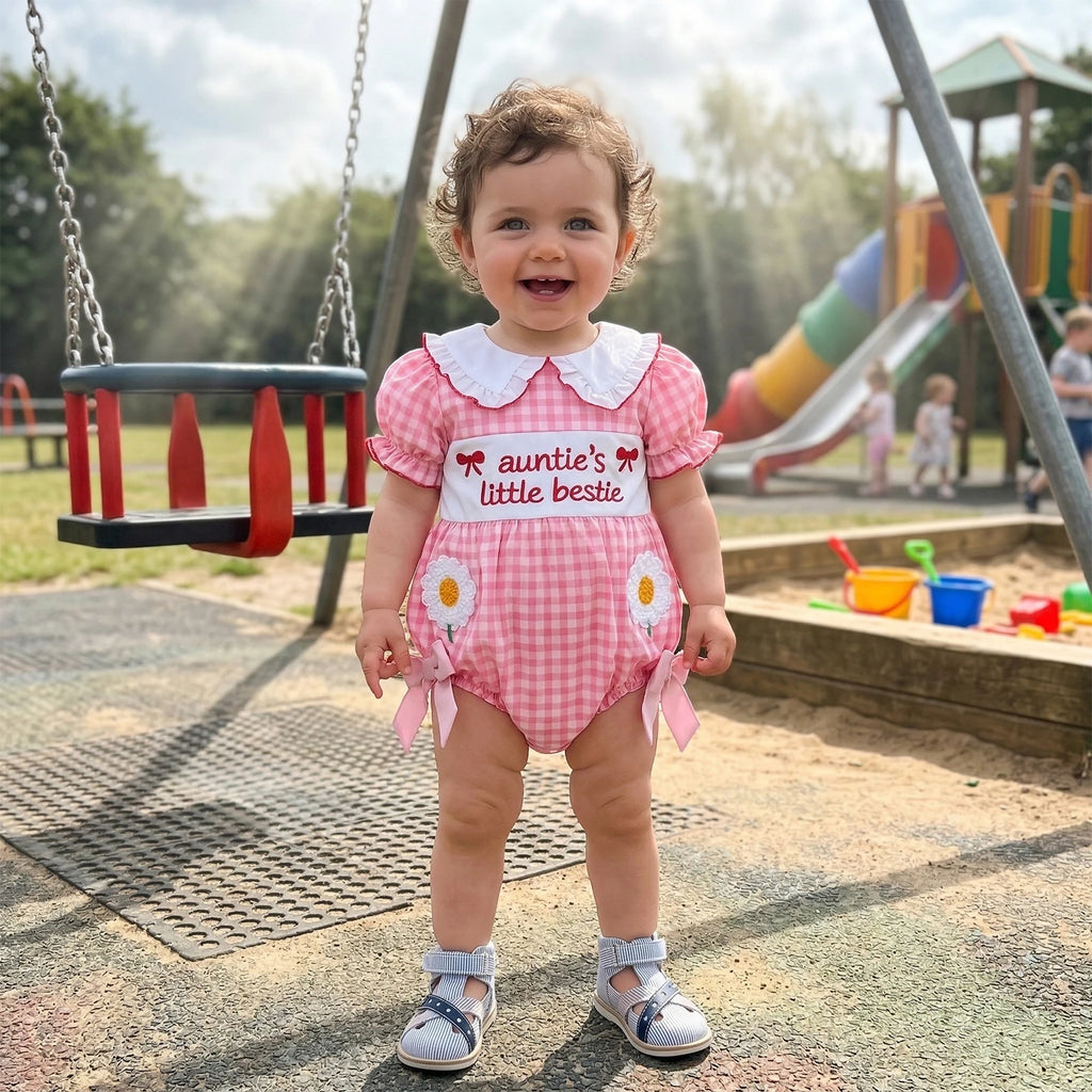 Baby Clothing Girls Short Sleeve Romper Letter Embroidery Plaid Doll Collar Bodysuit with Bow Newborn Clothes