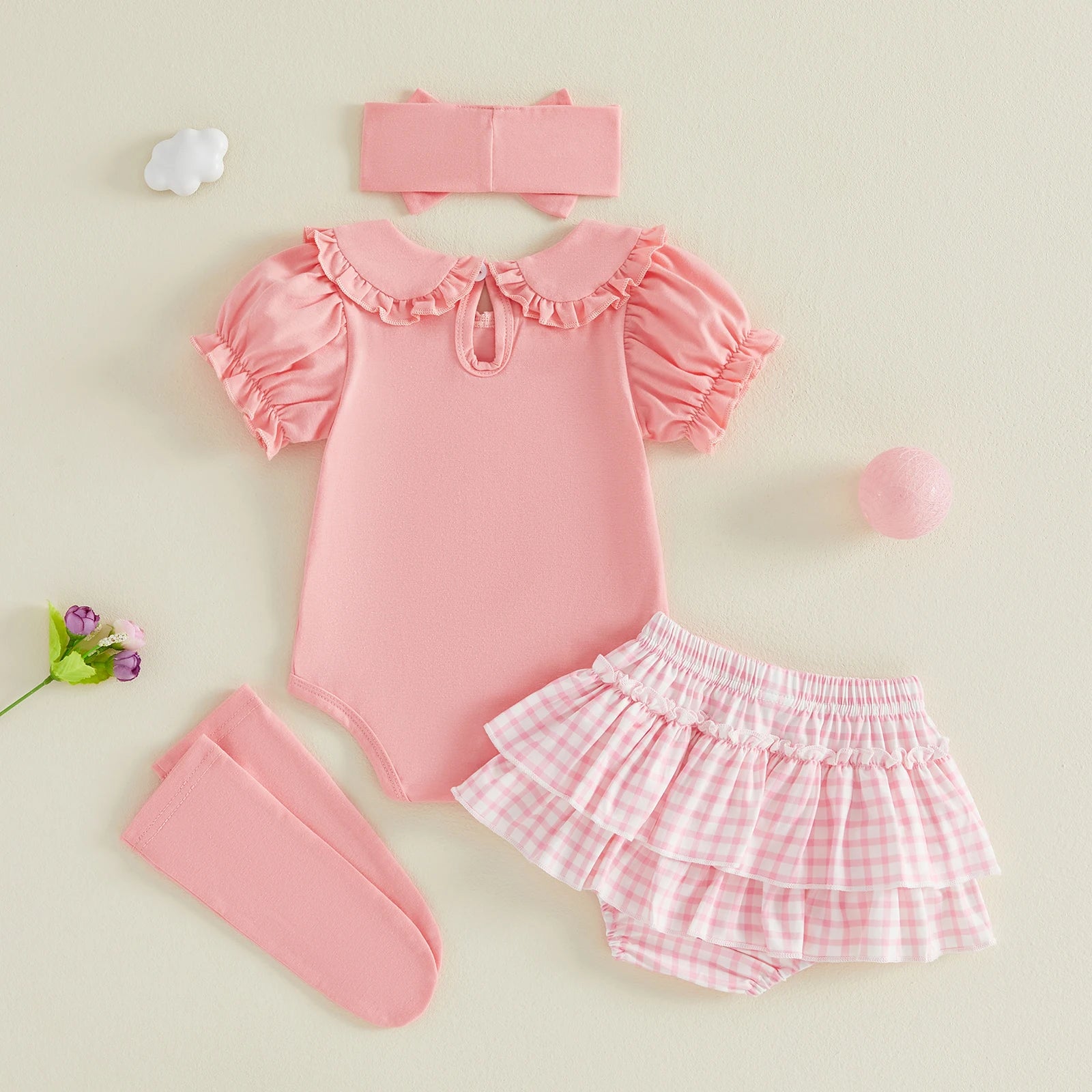Baby Girls Cute Outfits Short Sleeve Doll Collar Romper Tutu Skirt Headband Socks Infant 4 Piece Sets 2026 Summer