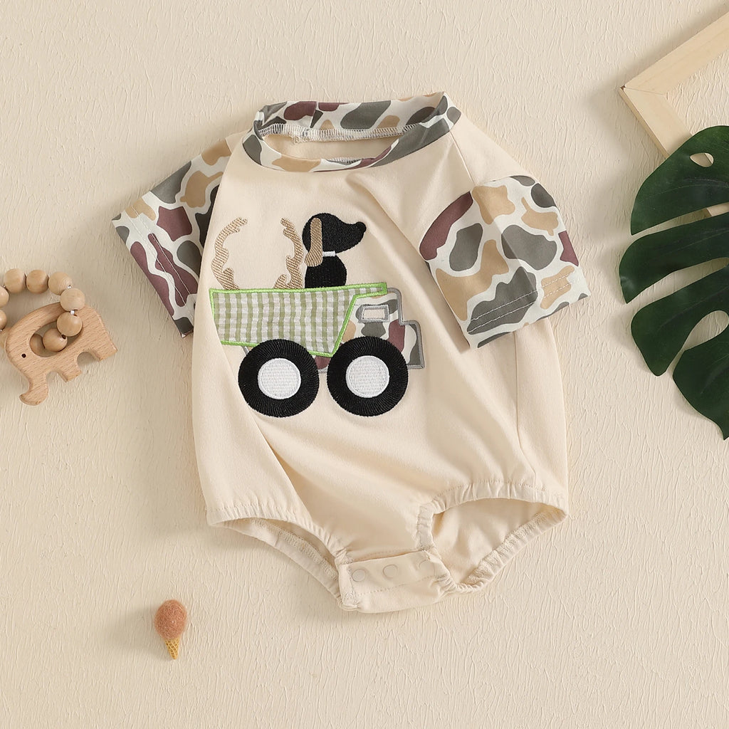 Baby Boys Girls Romper Short Sleeve Crew Neck Dog Truck Embroidery Bodysuit Newborn Playsuit