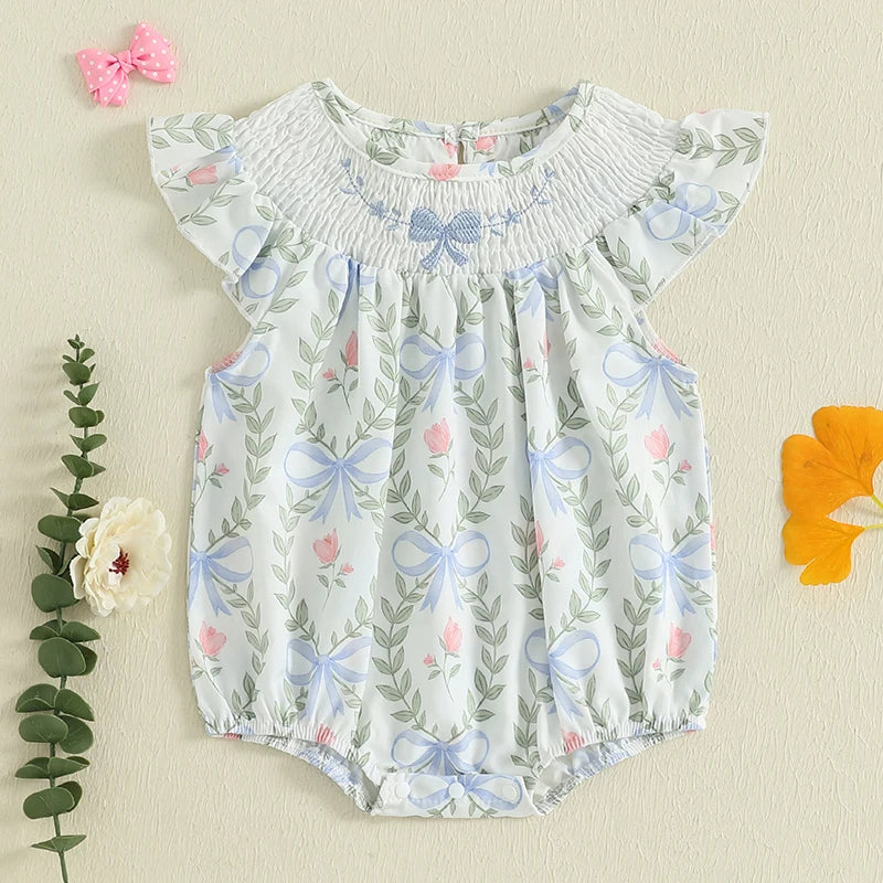2025-03-21 Lioraitiin Baby Girls Romper Fly Sleeve Crew Neck Bow Leaves Print Infant Bodysuit Summer Clothes for Casual Daily