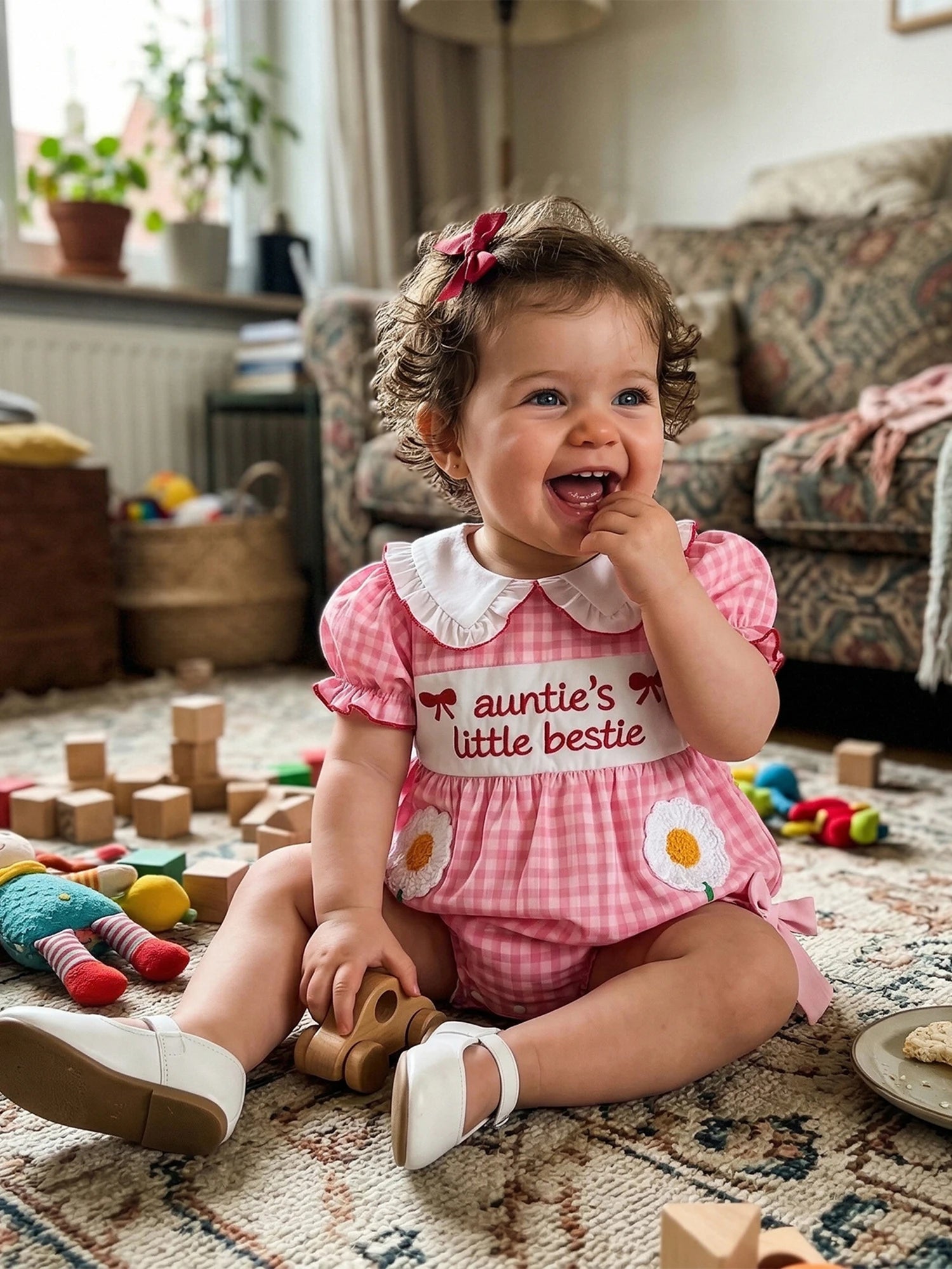 Baby Clothing Girls Short Sleeve Romper Letter Embroidery Plaid Doll Collar Bodysuit with Bow Newborn Clothes