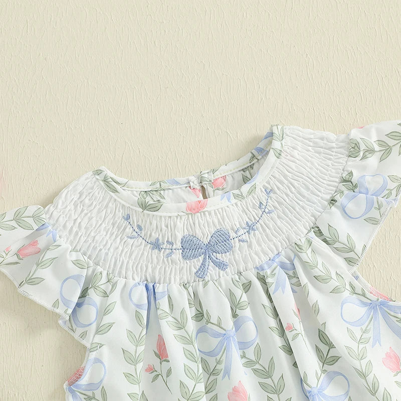 2025-03-21 Lioraitiin Baby Girls Romper Fly Sleeve Crew Neck Bow Leaves Print Infant Bodysuit Summer Clothes for Casual Daily