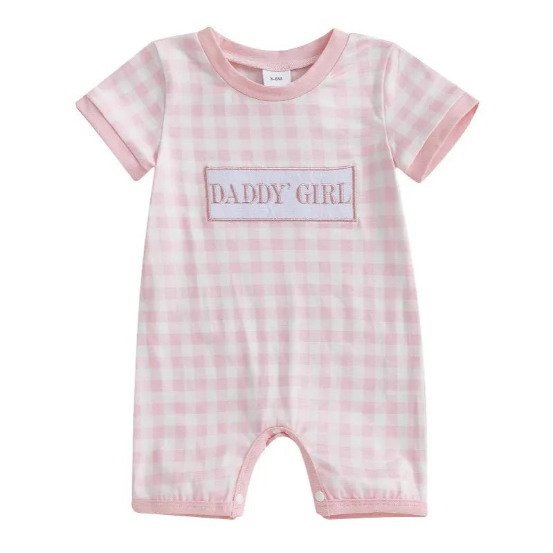 0-18M Baby Girls Jumpsuit, Short Sleeve Crew Neck Plaid Embroidery Letters Casual Romper Clothes