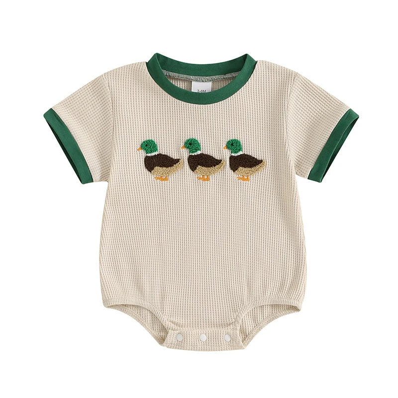 2025-01-13 Lioraitiin Newborn Baby Boys Girls Romper Short Sleeve Crew Neck Duck Embroidery Bodysuit Playsuit