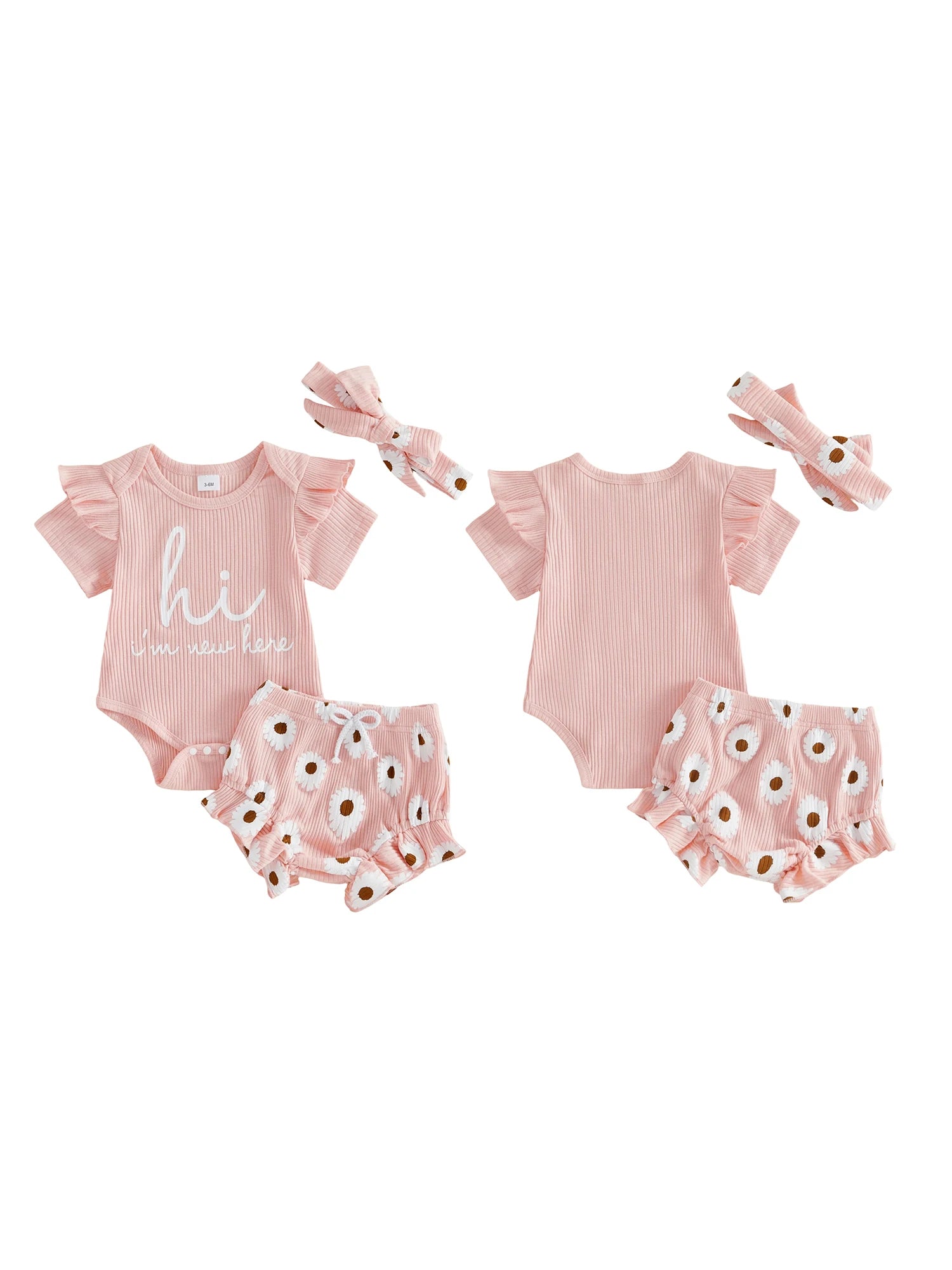Toddler Girls Floral Print Romper Set with Ruffled Sleeves Matching Shorts and Bow Headband for Summer Outfits