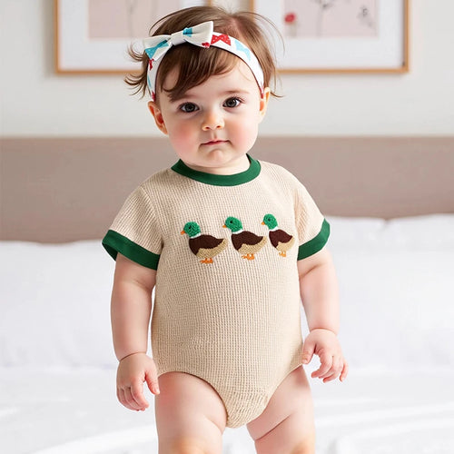 2025-01-13 Lioraitiin Newborn Baby Boys Girls Romper Short Sleeve Crew Neck Duck Embroidery Bodysuit Playsuit