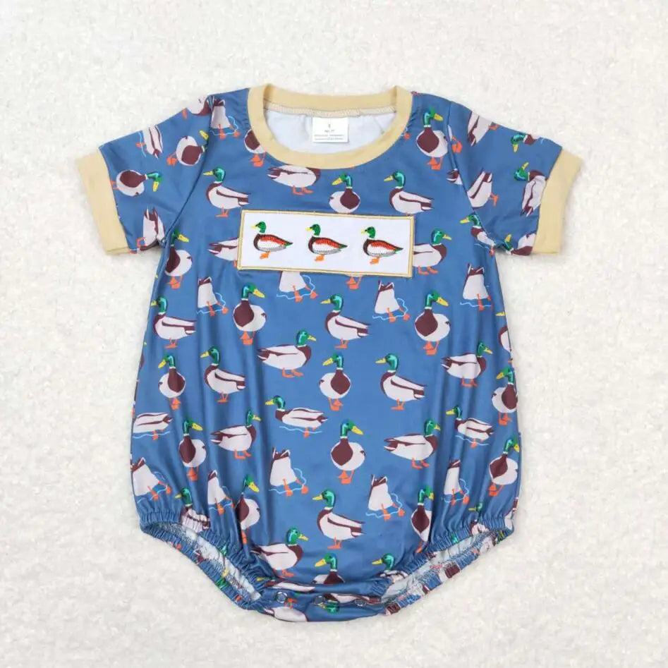 Hot sale Sleeveless ducks button Bubble romper boutique clothing Baby Boys Plaid Ducks Rompers Toddler