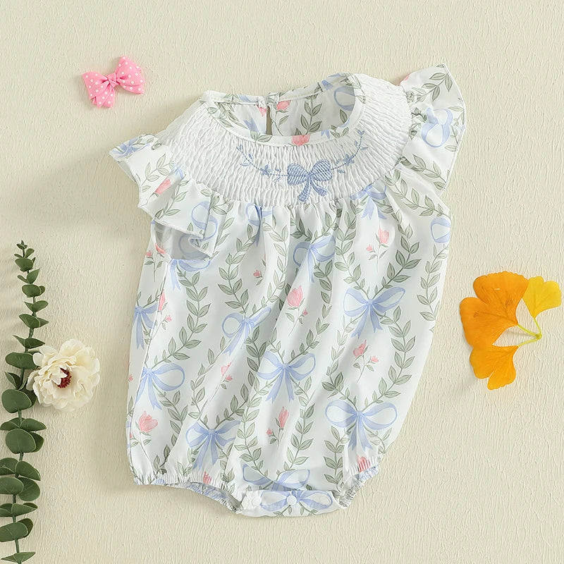 2025-03-21 Lioraitiin Baby Girls Romper Fly Sleeve Crew Neck Bow Leaves Print Infant Bodysuit Summer Clothes for Casual Daily