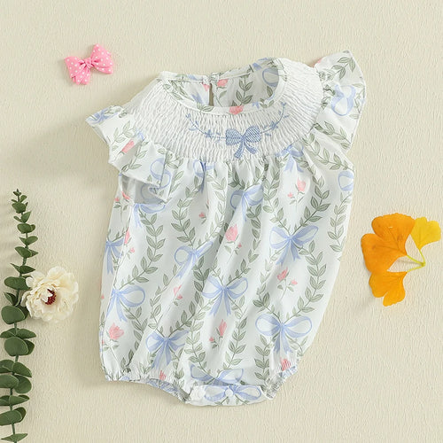 2025-03-21 Lioraitiin Baby Girls Romper Fly Sleeve Crew Neck Bow Leaves Print Infant Bodysuit Summer Clothes for Casual Daily