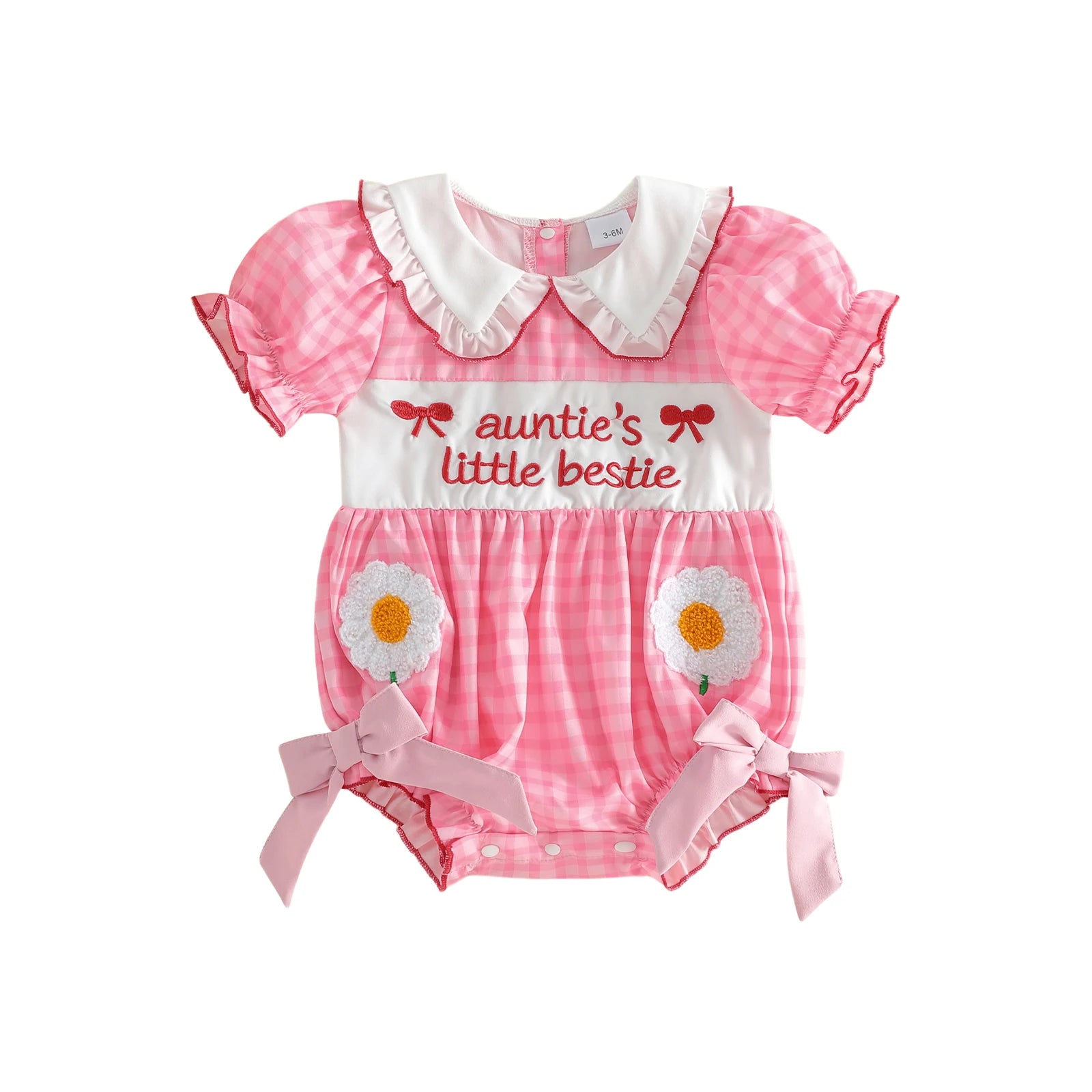 Baby Clothing Girls Short Sleeve Romper Letter Embroidery Plaid Doll Collar Bodysuit with Bow Newborn Clothes