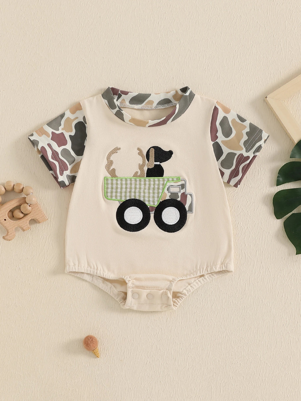 Baby Boys Girls Romper Short Sleeve Crew Neck Dog Truck Embroidery Bodysuit Newborn Playsuit