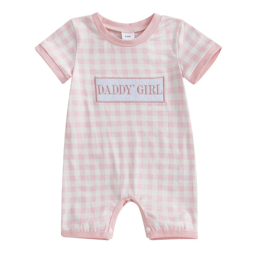 0-18M Baby Girls Jumpsuit, Short Sleeve Crew Neck Plaid Embroidery Letters Casual Romper Clothes