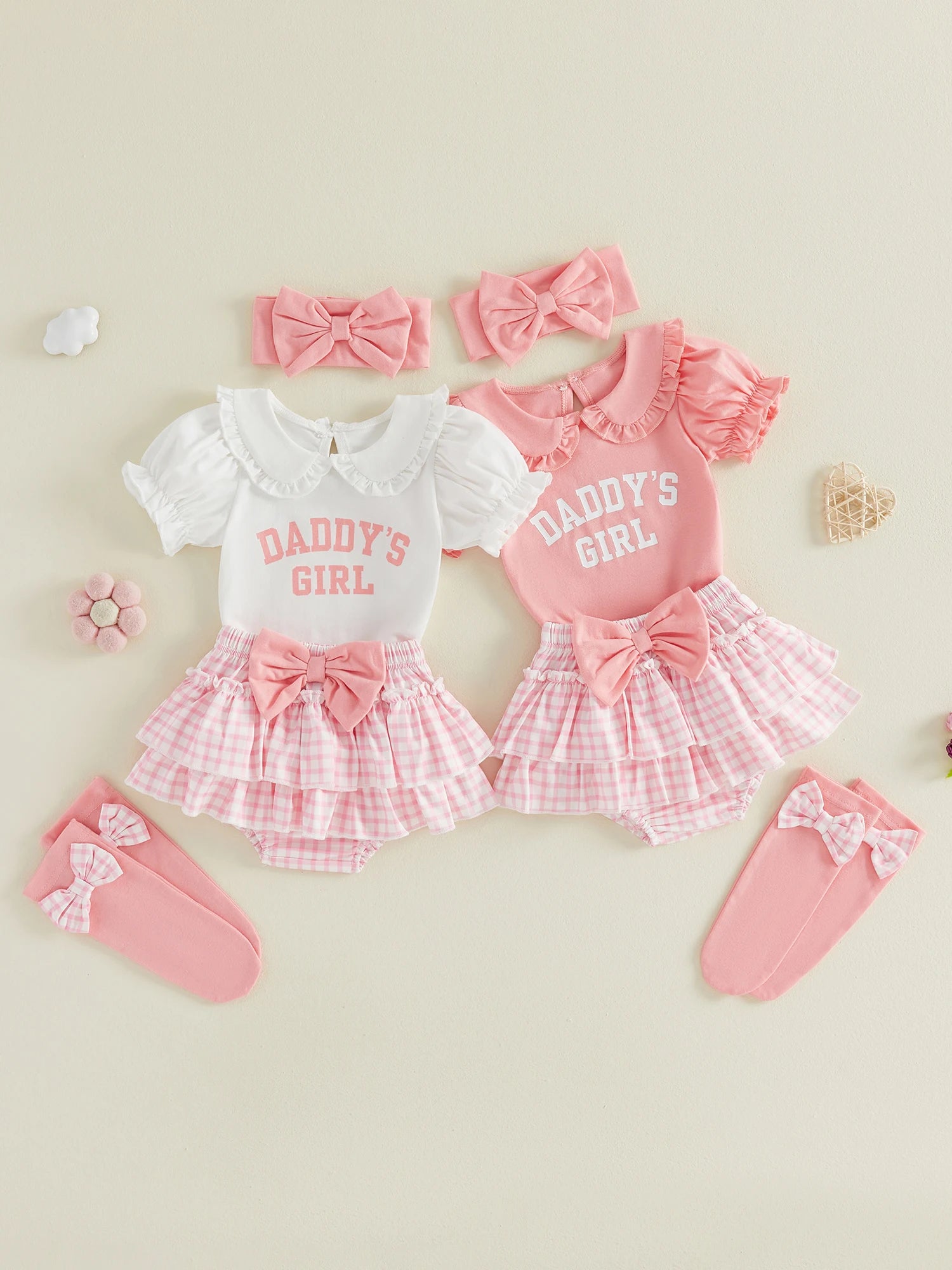 Baby Girls Cute Outfits Short Sleeve Doll Collar Romper Tutu Skirt Headband Socks Infant 4 Piece Sets 2026 Summer
