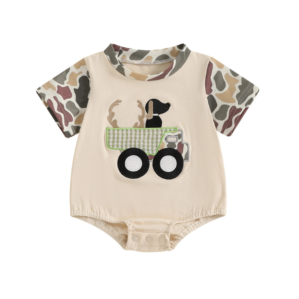 Baby Boys Girls Romper Short Sleeve Crew Neck Dog Truck Embroidery Bodysuit Newborn Playsuit
