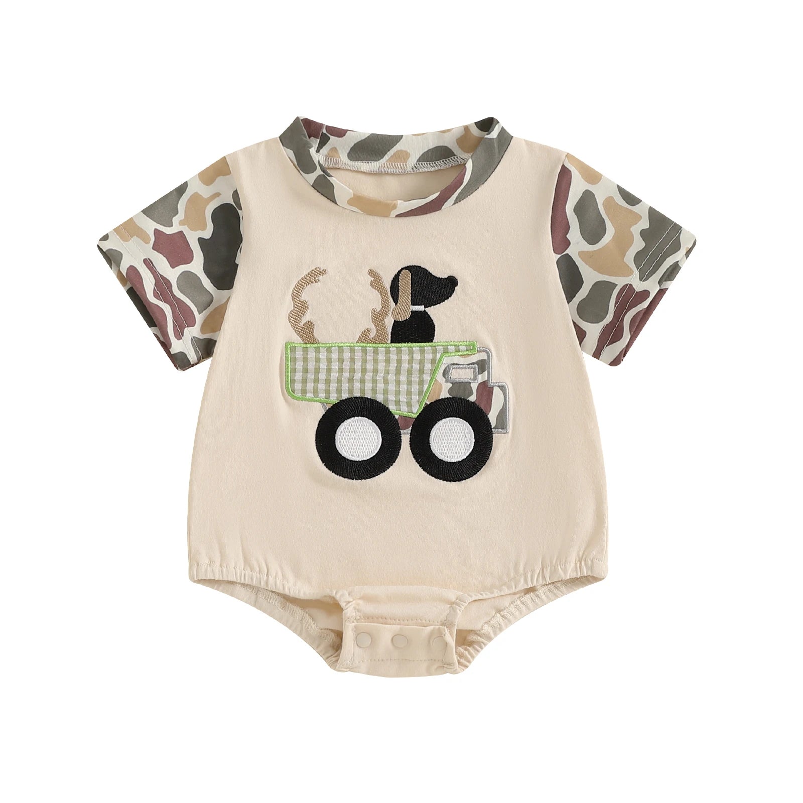 Baby Boys Girls Romper Short Sleeve Crew Neck Dog Truck Embroidery Bodysuit Newborn Playsuit