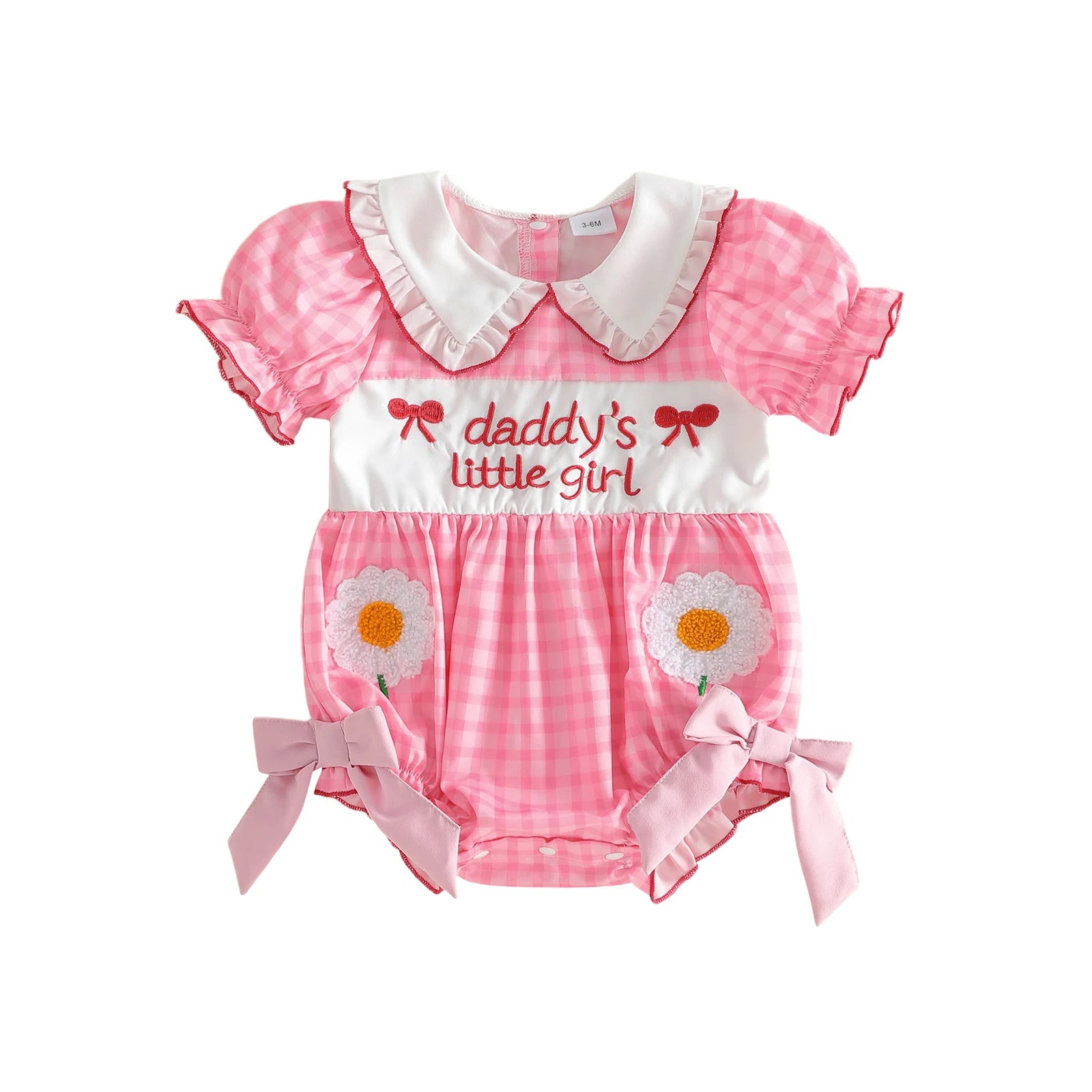 Baby Clothing Girls Short Sleeve Romper Letter Embroidery Plaid Doll Collar Bodysuit with Bow Newborn Clothes