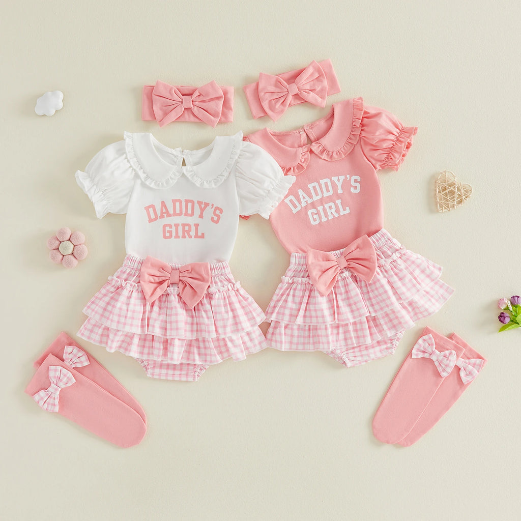 Baby Girls Cute Outfits Short Sleeve Doll Collar Romper Tutu Skirt Headband Socks Infant 4 Piece Sets 2026 Summer
