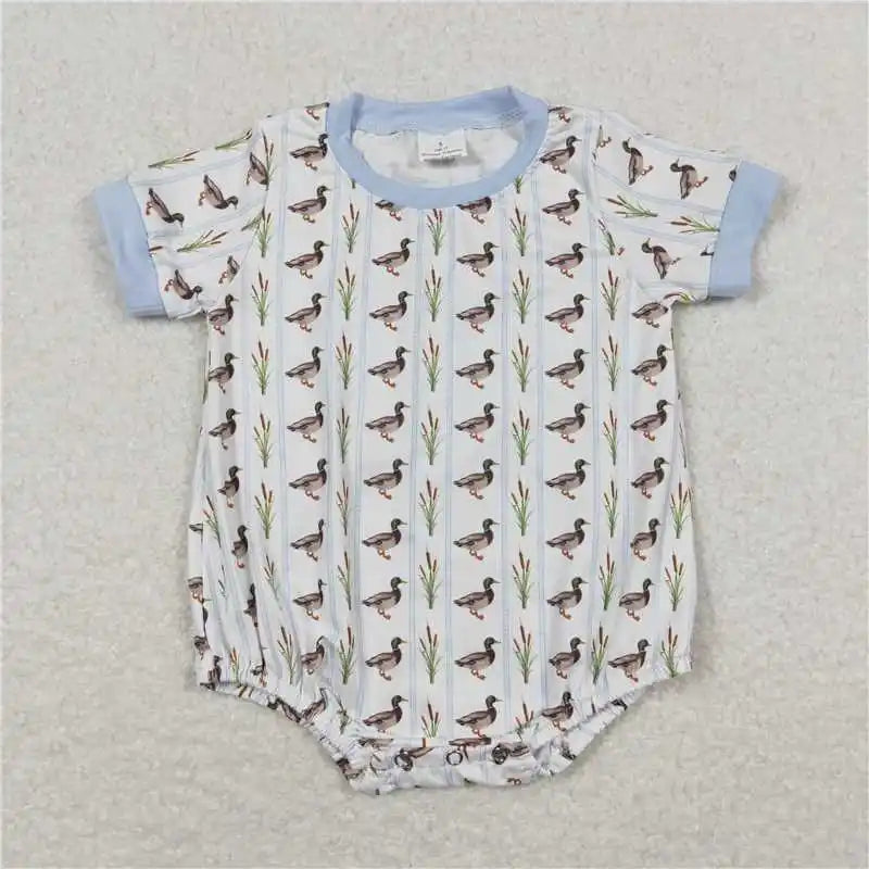 Hot sale Sleeveless ducks button Bubble romper boutique clothing Baby Boys Plaid Ducks Rompers Toddler