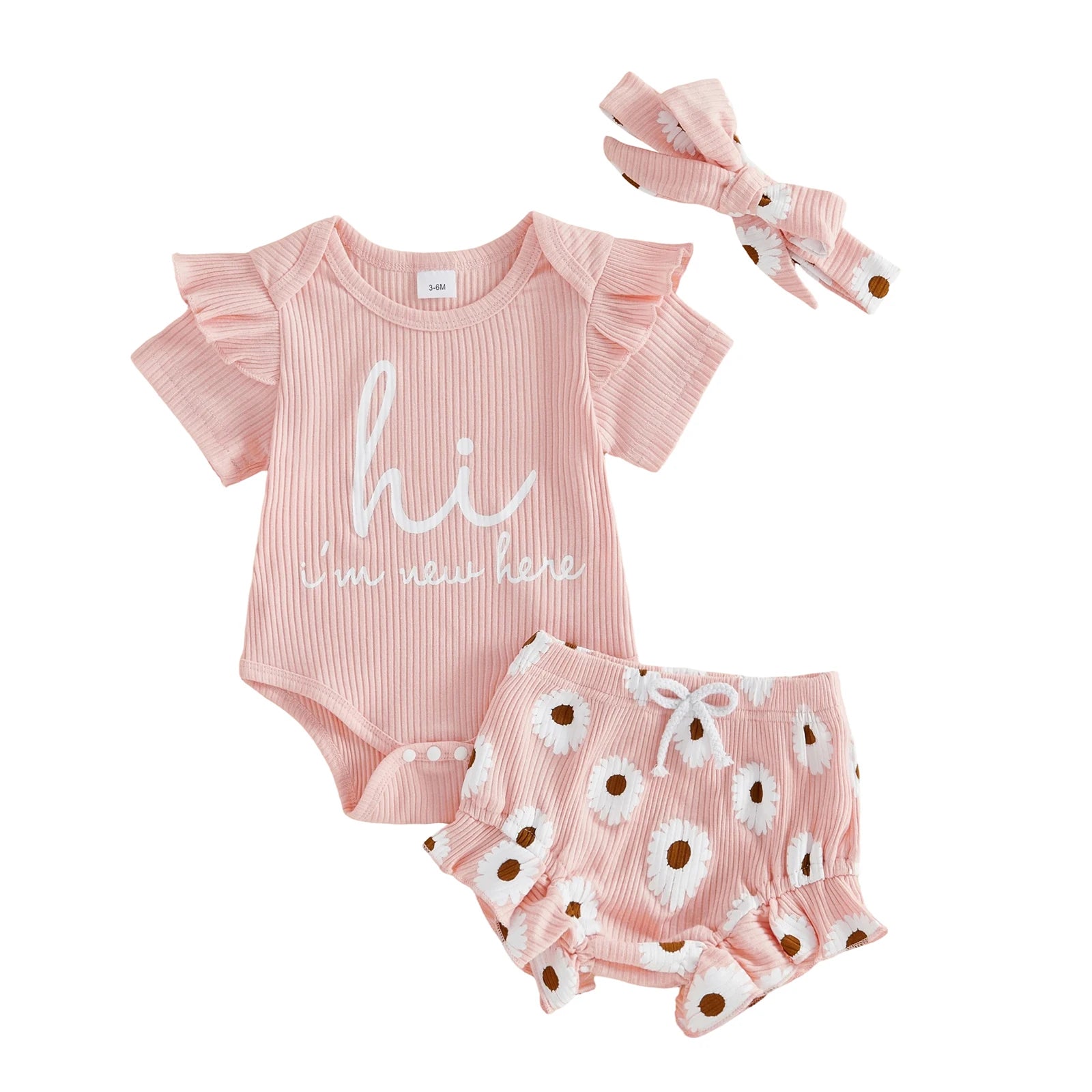 Toddler Girls Floral Print Romper Set with Ruffled Sleeves Matching Shorts and Bow Headband for Summer Outfits