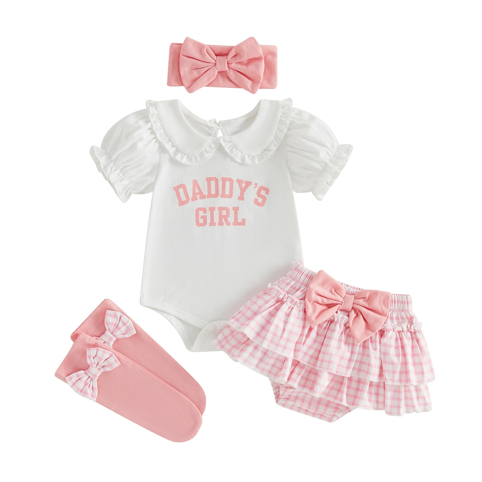 Baby Girls Cute Outfits Short Sleeve Doll Collar Romper Tutu Skirt Headband Socks Infant 4 Piece Sets 2026 Summer