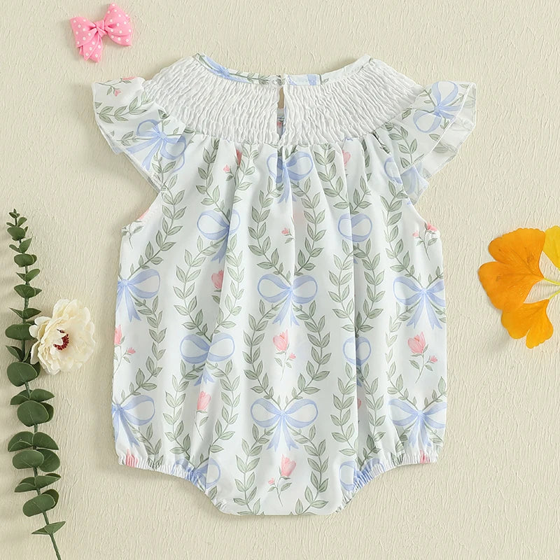2025-03-21 Lioraitiin Baby Girls Romper Fly Sleeve Crew Neck Bow Leaves Print Infant Bodysuit Summer Clothes for Casual Daily