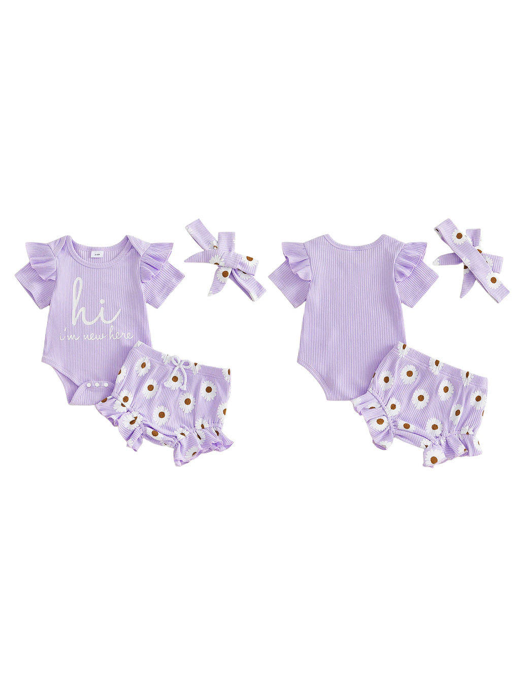 Toddler Girls Floral Print Romper Set with Ruffled Sleeves Matching Shorts and Bow Headband for Summer Outfits