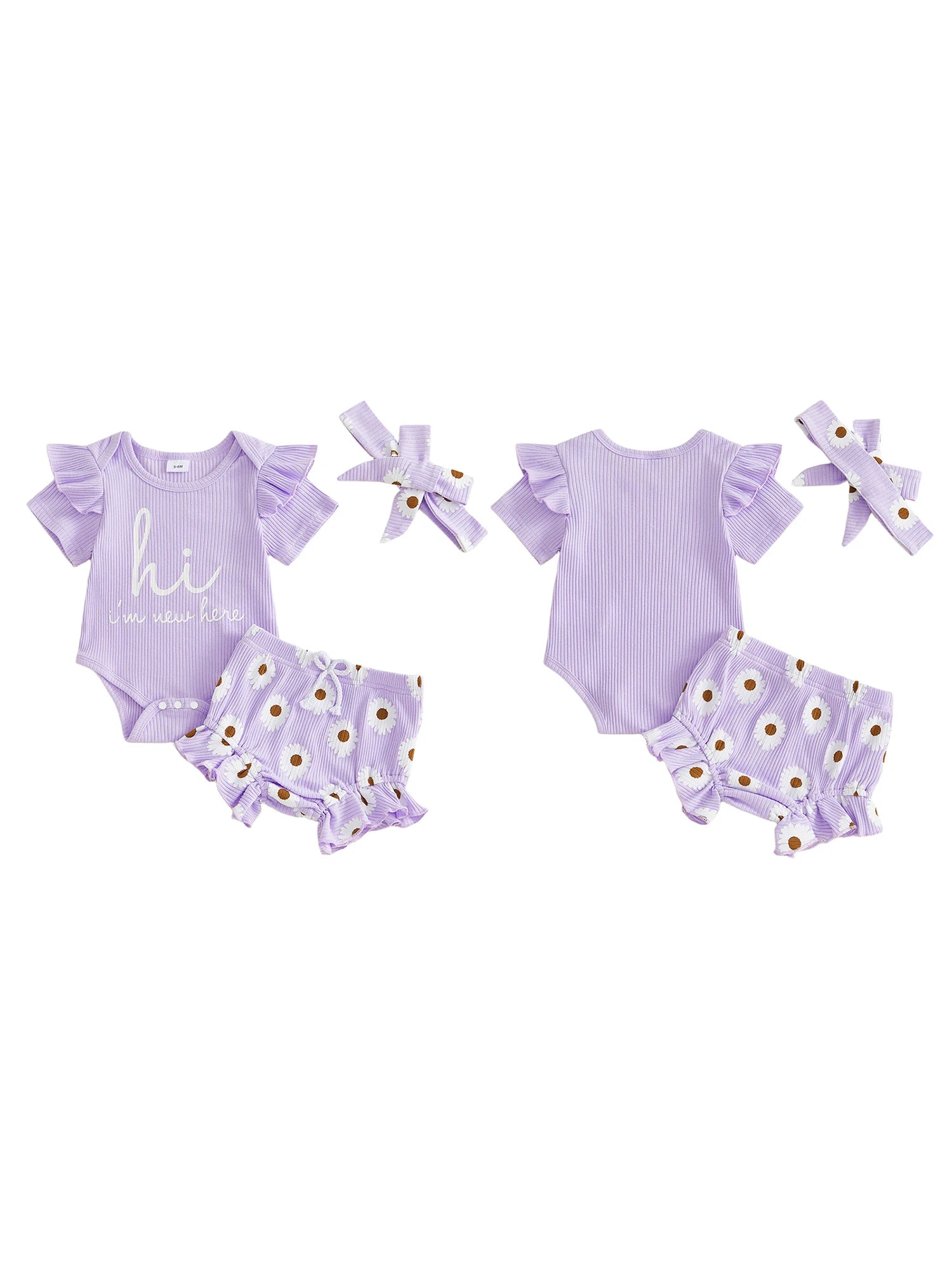Toddler Girls Floral Print Romper Set with Ruffled Sleeves Matching Shorts and Bow Headband for Summer Outfits