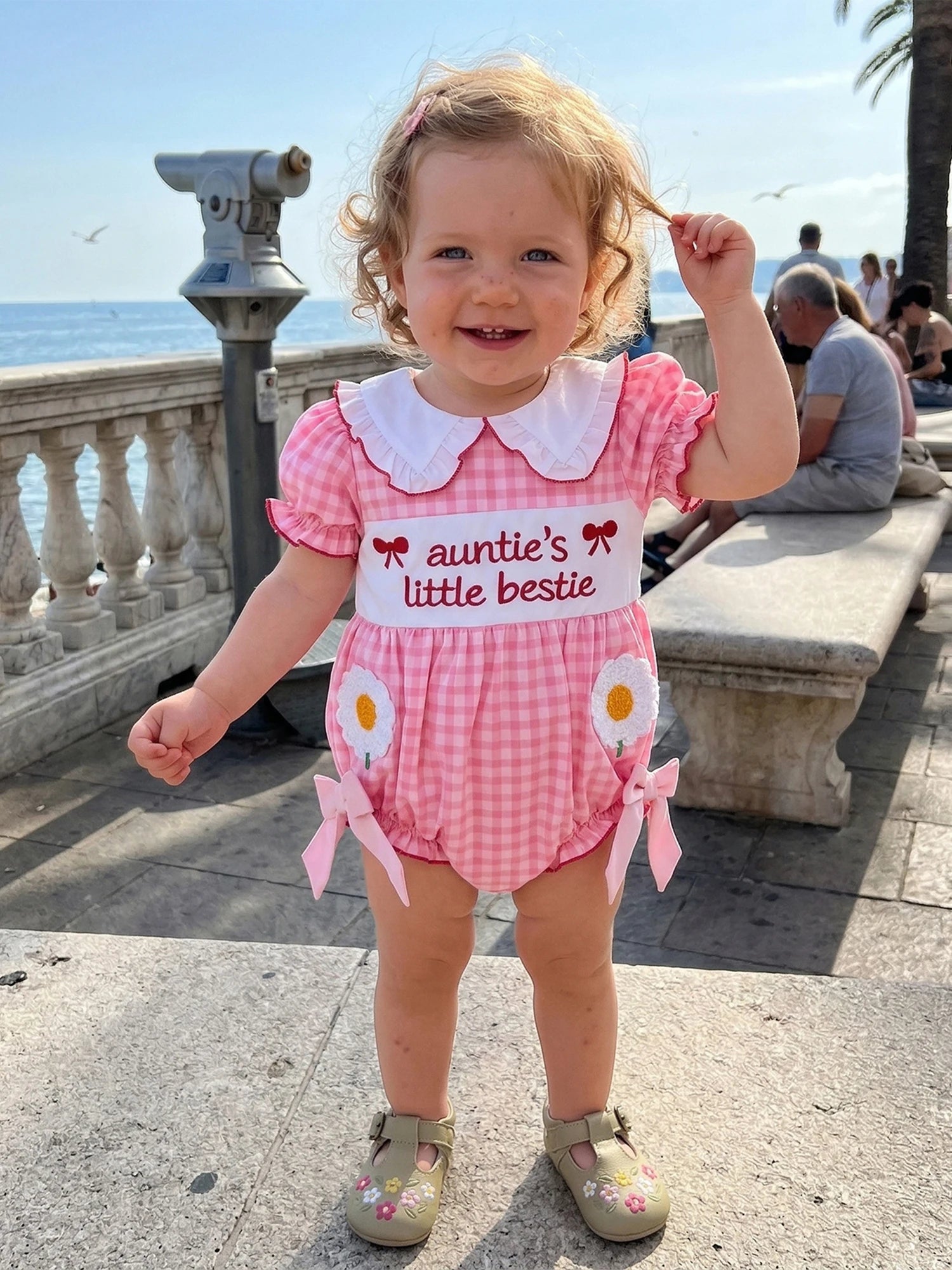 Baby Clothing Girls Short Sleeve Romper Letter Embroidery Plaid Doll Collar Bodysuit with Bow Newborn Clothes