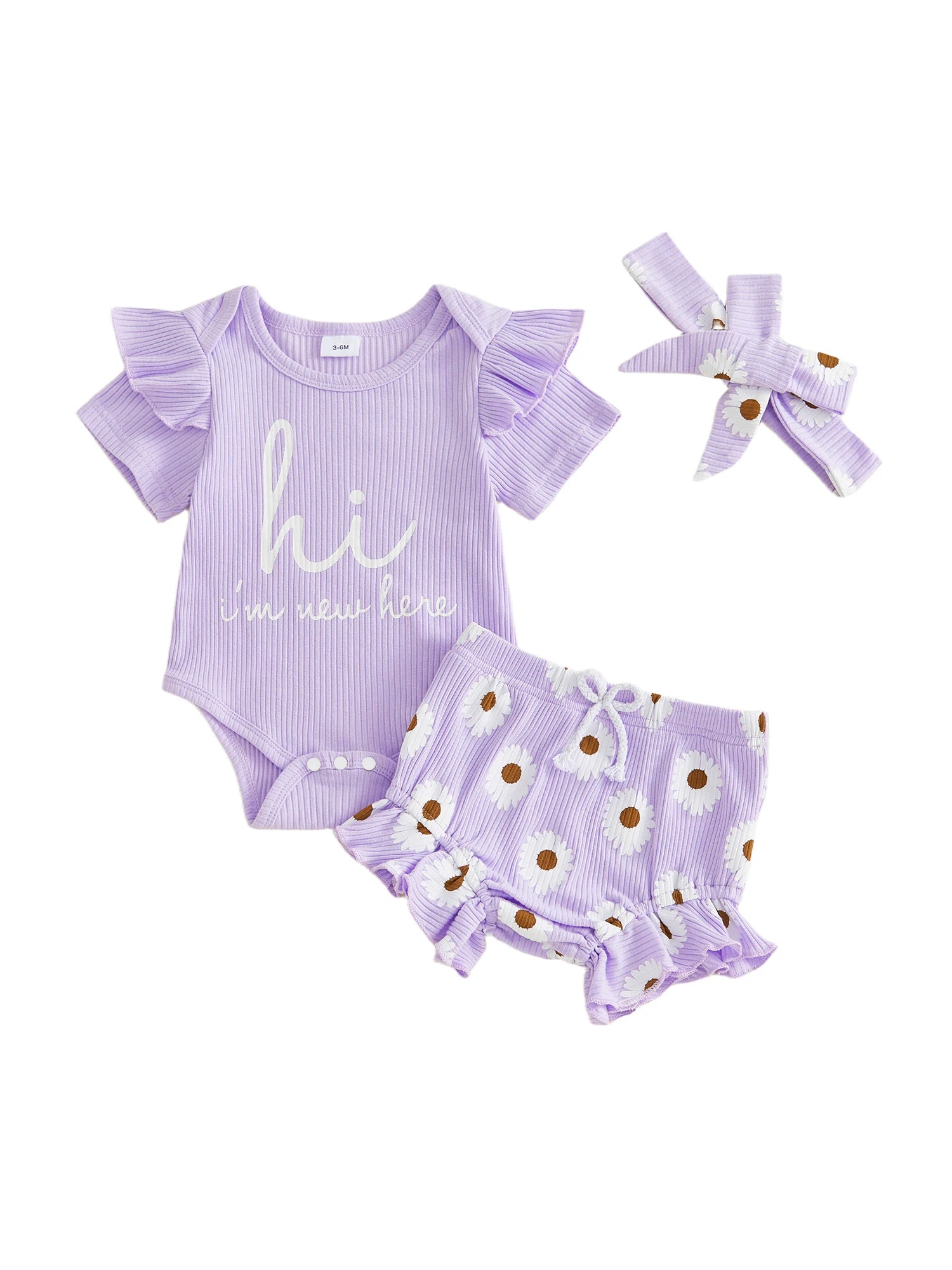 Toddler Girls Floral Print Romper Set with Ruffled Sleeves Matching Shorts and Bow Headband for Summer Outfits