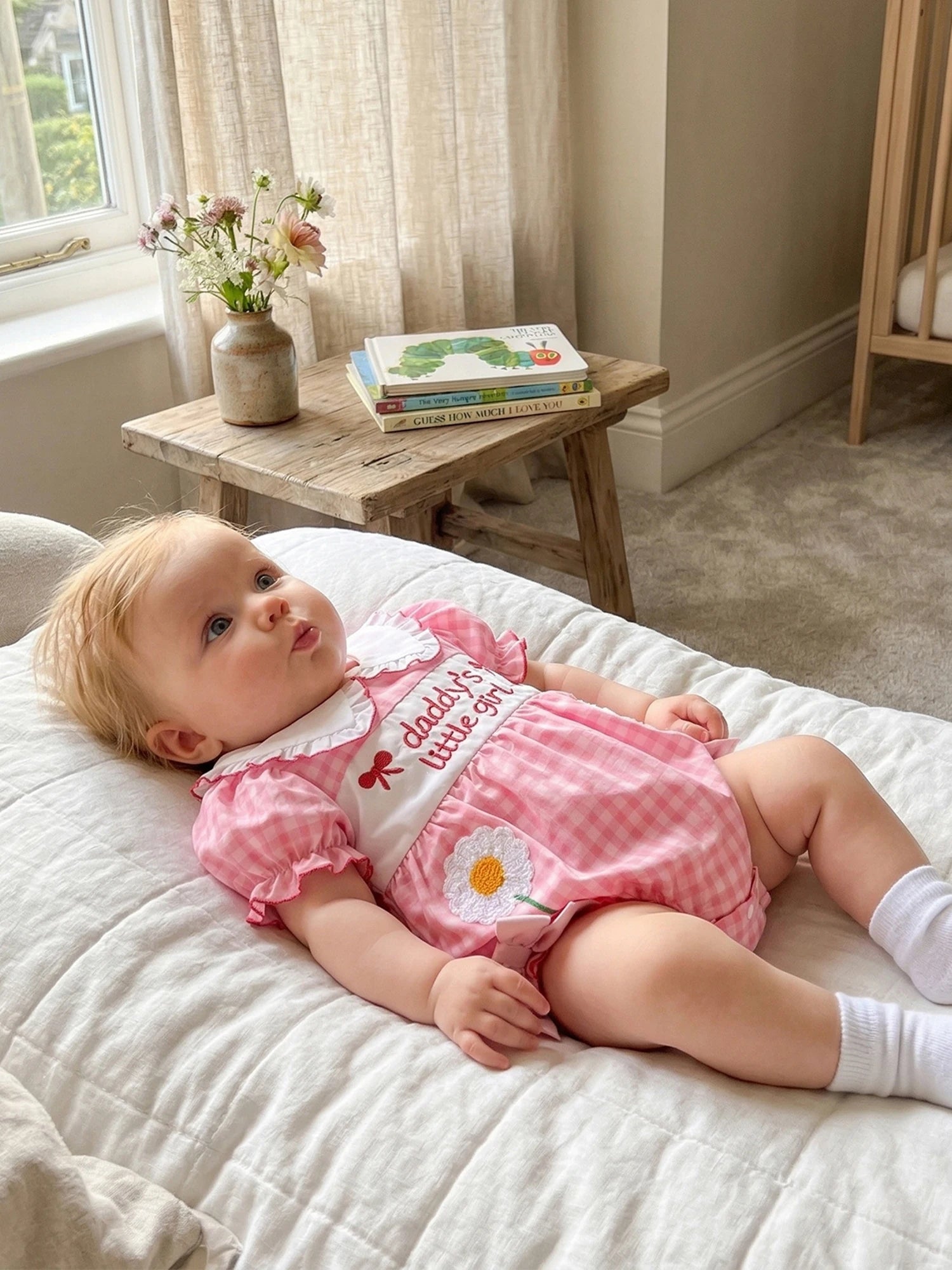 Baby Clothing Girls Short Sleeve Romper Letter Embroidery Plaid Doll Collar Bodysuit with Bow Newborn Clothes