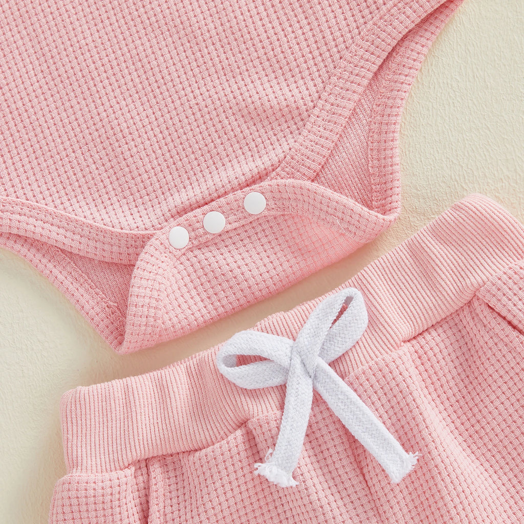 Baby Girls 2 Piece Outfits Fashionable Letter Embroidery Short Sleeve Round Neck Romper and Elastic Waist Shorts Set0-9M