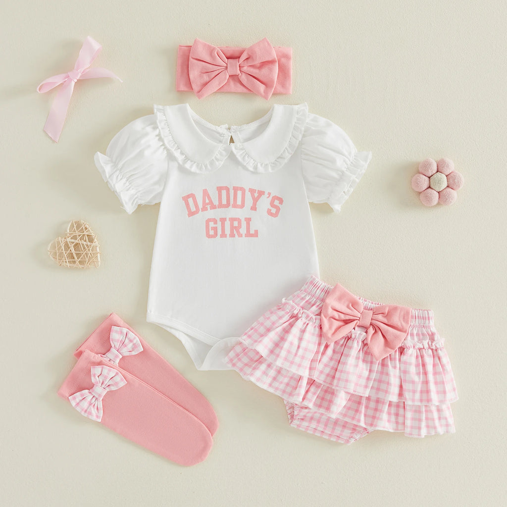 Baby Girls Cute Outfits Short Sleeve Doll Collar Romper Tutu Skirt Headband Socks Infant 4 Piece Sets 2026 Summer