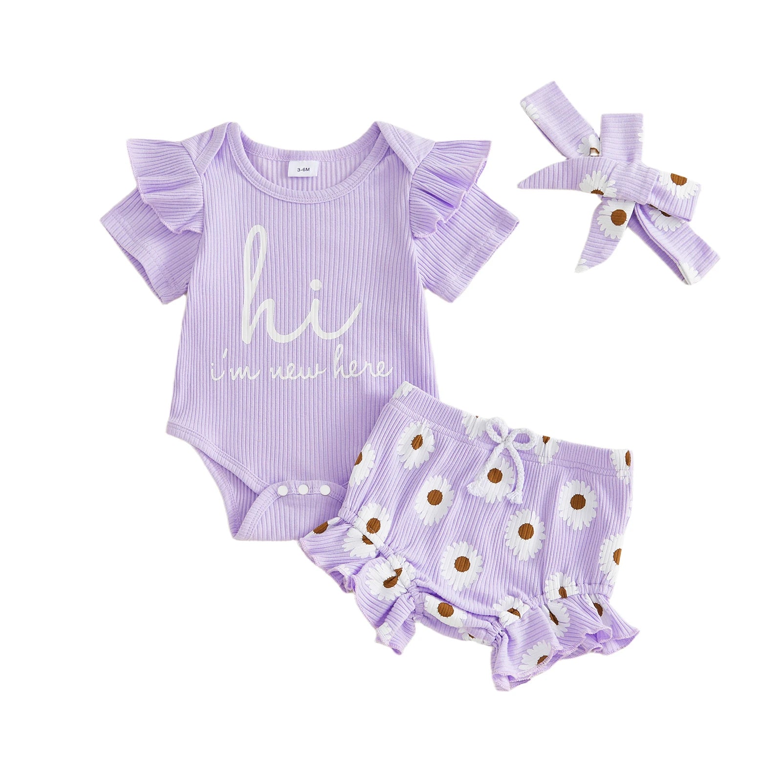 Toddler Girls Floral Print Romper Set with Ruffled Sleeves Matching Shorts and Bow Headband for Summer Outfits