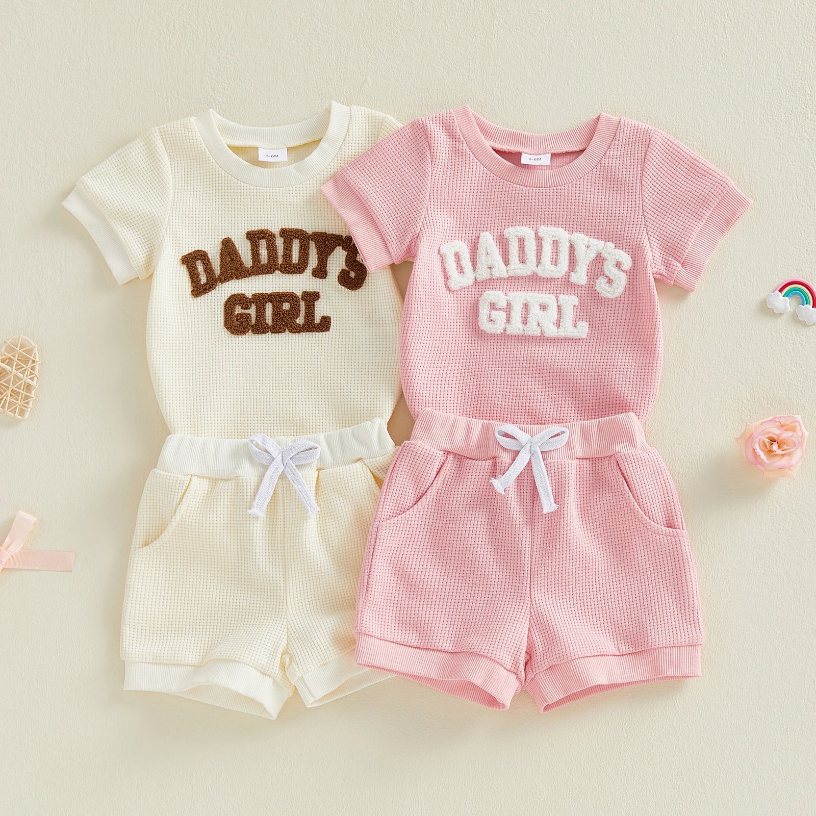 Baby Girls 2 Piece Outfits Fashionable Letter Embroidery Short Sleeve Round Neck Romper and Elastic Waist Shorts Set0-9M