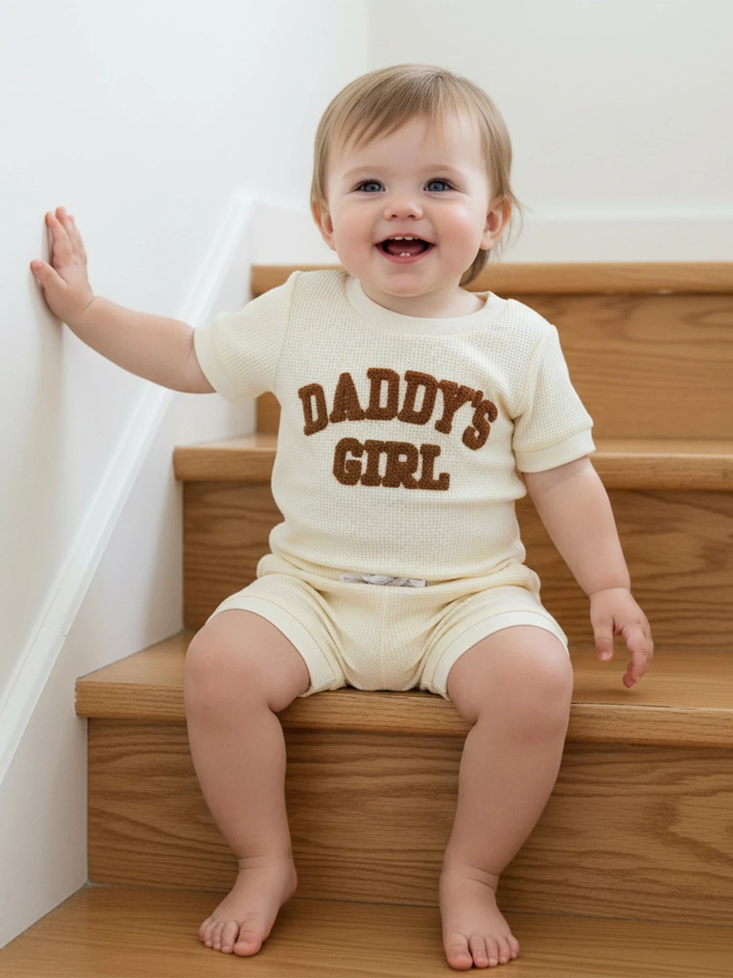 Baby Girls 2 Piece Outfits Fashionable Letter Embroidery Short Sleeve Round Neck Romper and Elastic Waist Shorts Set0-9M
