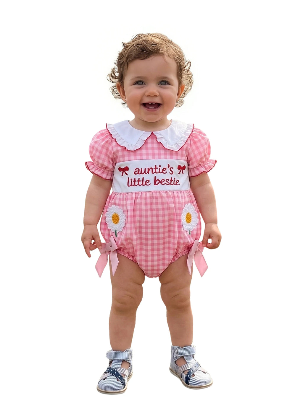 Baby Clothing Girls Short Sleeve Romper Letter Embroidery Plaid Doll Collar Bodysuit with Bow Newborn Clothes