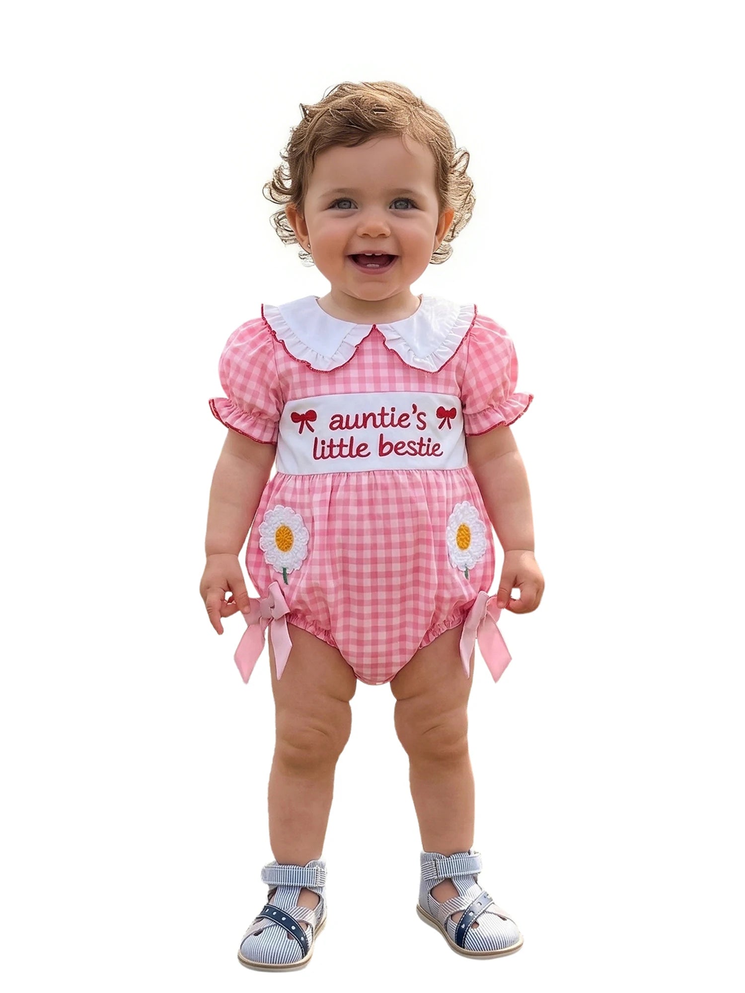 Baby Clothing Girls Short Sleeve Romper Letter Embroidery Plaid Doll Collar Bodysuit with Bow Newborn Clothes