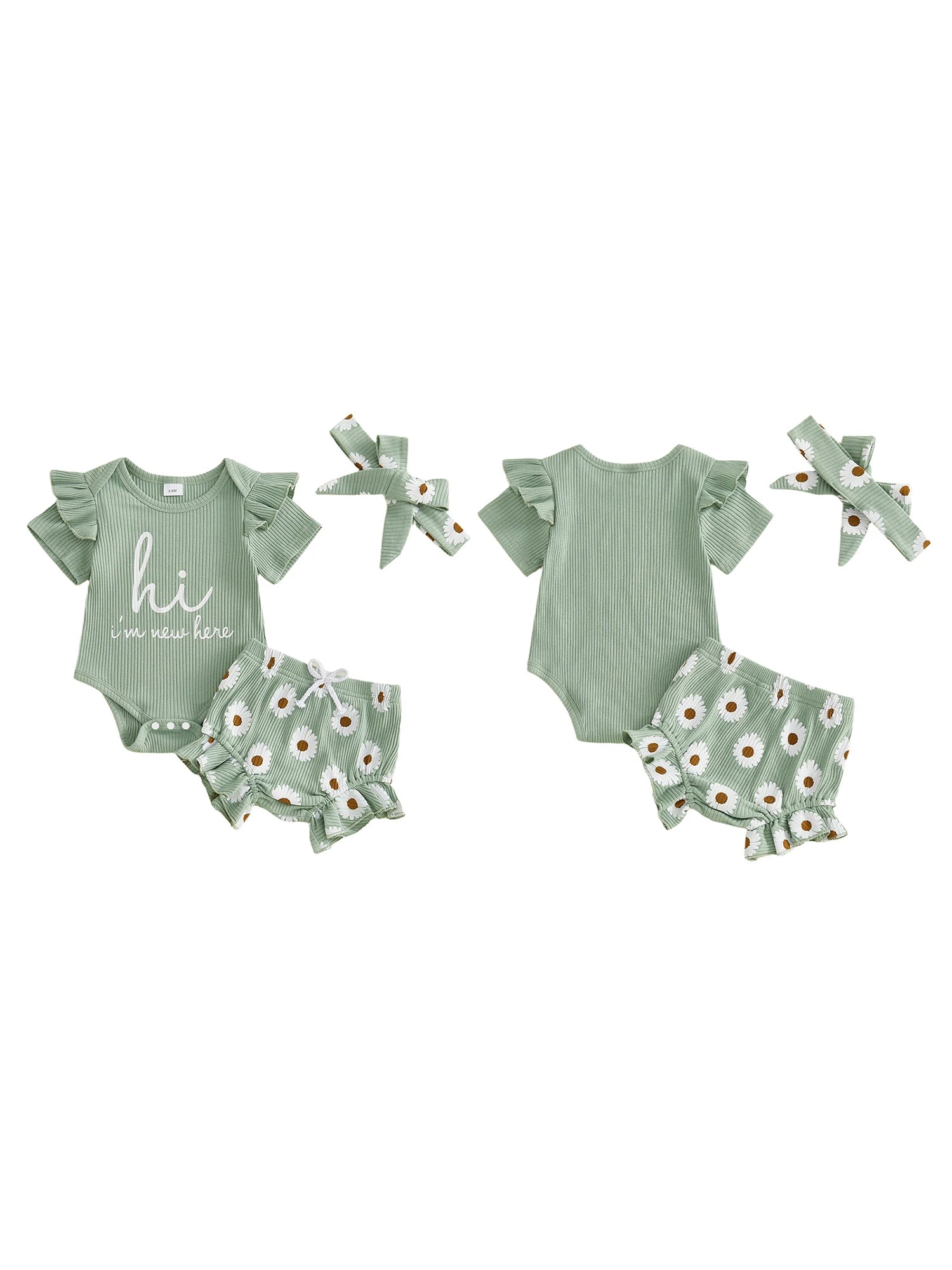 Toddler Girls Floral Print Romper Set with Ruffled Sleeves Matching Shorts and Bow Headband for Summer Outfits