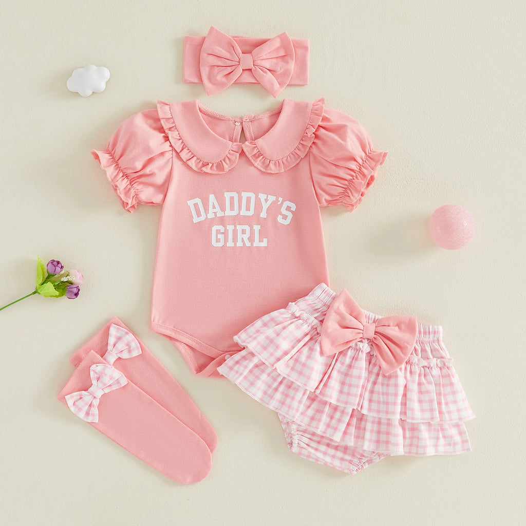Baby Girls Cute Outfits Short Sleeve Doll Collar Romper Tutu Skirt Headband Socks Infant 4 Piece Sets 2026 Summer